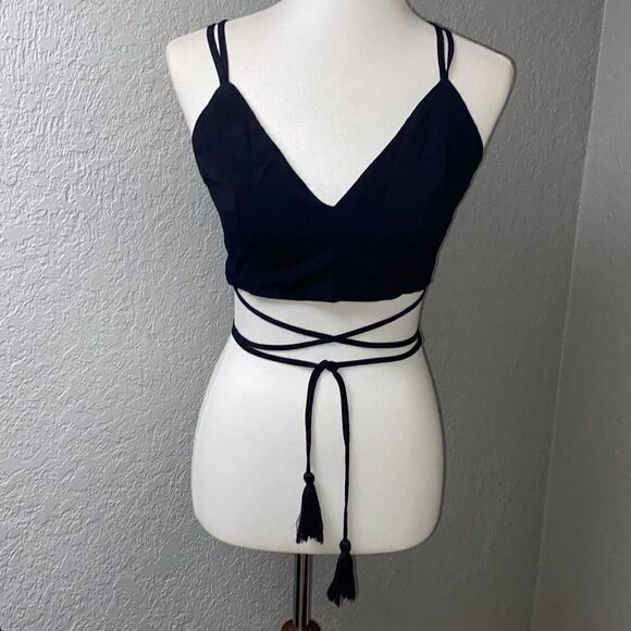 NWT TOBI black lace up sexy tie tassel shirt/top criss cross Sz L - Picture 1 of 7